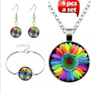 Silver Rainbow Flower Necklace Bracelet Earrings